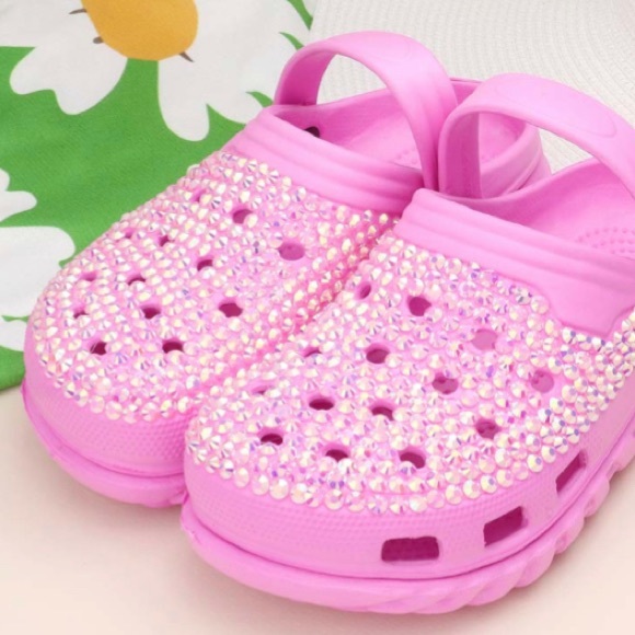 Pink Bling Rhinestone Crystal Slip On Croclike Slides Rubber Clogs Shoes - Picture 2 of 4